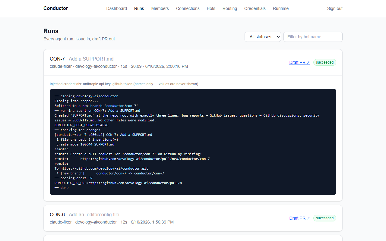 Run history with logs, cost and PR links